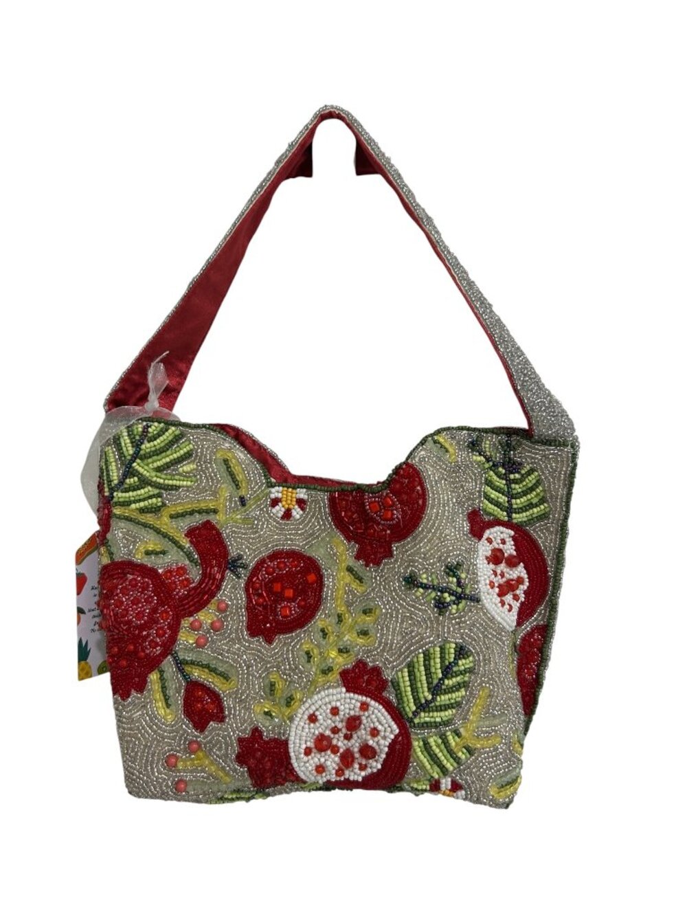 Silver Beaded Red and Green Pomegranate Tote Bag Made in India New Release NWT